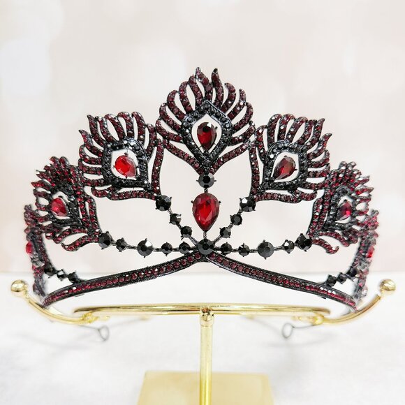 Red Crystal Crown, Peacock Crown, black crown Tiara, Homecoming Prom Headpiece main image 4